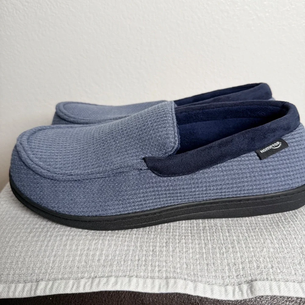 HomeTop Mens Waffle Knit Memory Foam Loafer Slippers Blue US 11 Lightweight